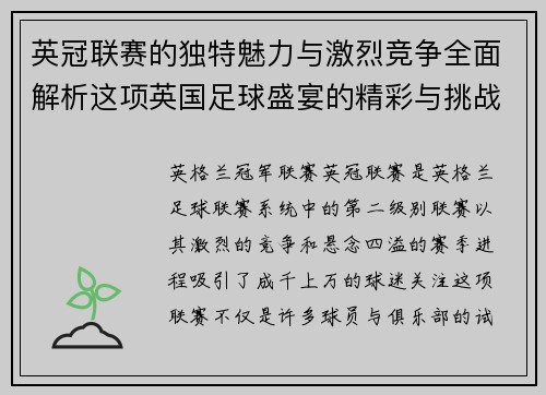 英冠联赛的独特魅力与激烈竞争全面解析这项英国足球盛宴的精彩与挑战