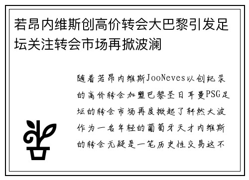 若昂内维斯创高价转会大巴黎引发足坛关注转会市场再掀波澜 若昂内维斯创高价转会大巴黎引发足坛关注转会市场再掀波澜