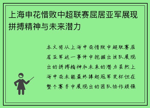 上海申花惜败中超联赛屈居亚军展现拼搏精神与未来潜力